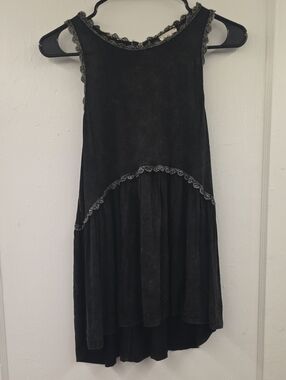 POL Black Mineral Wash High Low Babydoll Tank Top Small Boho Embroidered